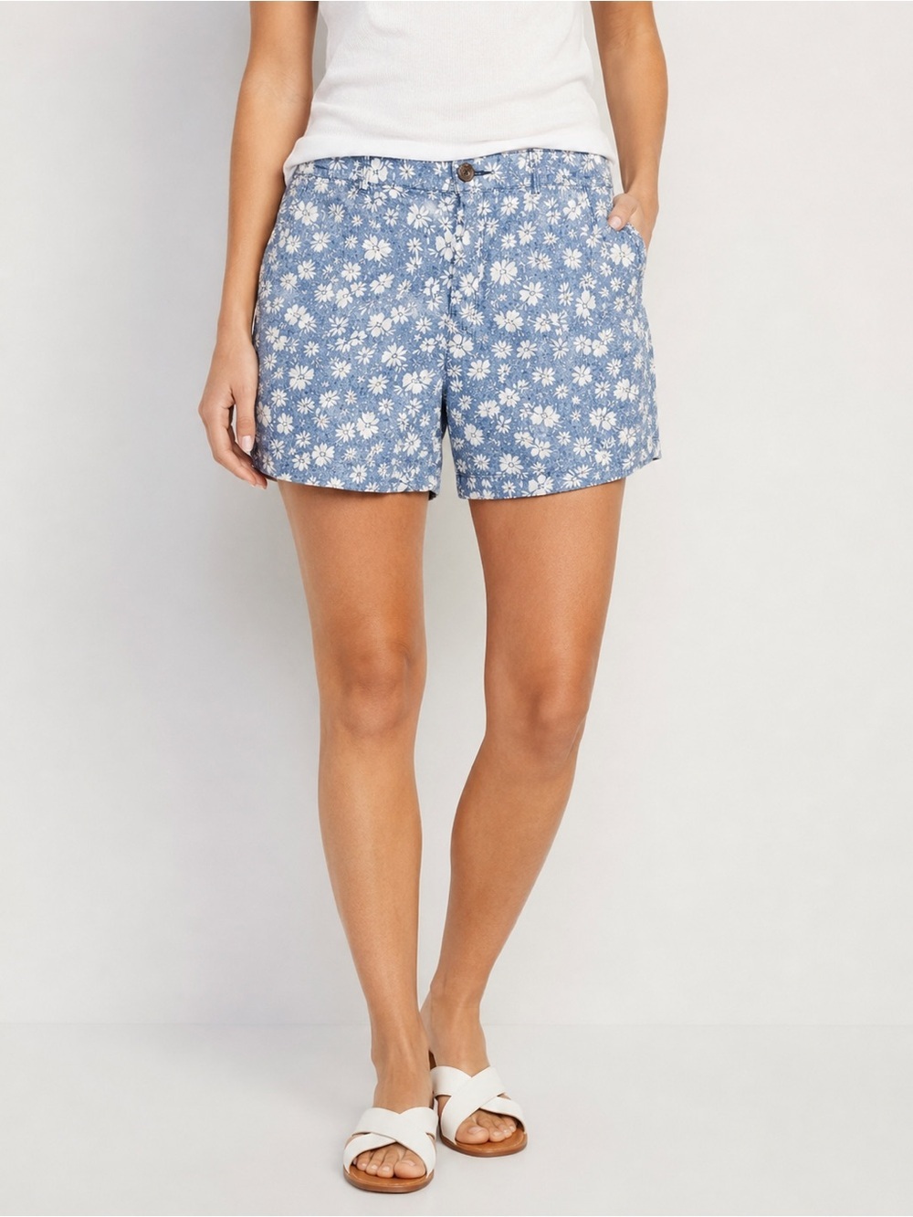 Old Navy Blue White Floral Linen Blend High Rise Shorts Size 10
